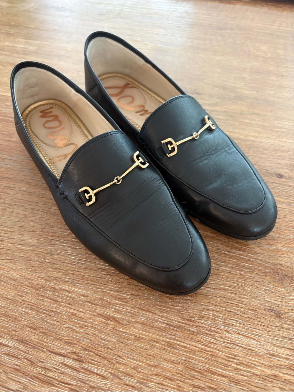 Sam Edelman Loraine Black Leather Loafers with Gold Horsebit